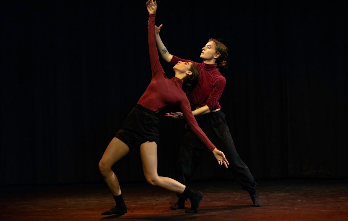 A picture of 2 dancers performing on a stage