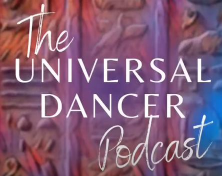 Text: The Universal Dancer Podcast. Background: red, purple and blue