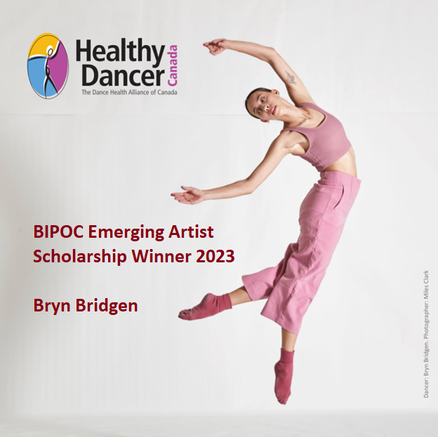 Young adult dancer in pink top and pants jumping in the air. Caption reads: BIPOC Emerging Artist Scholarship Winner 2023 Bryn Bridgen