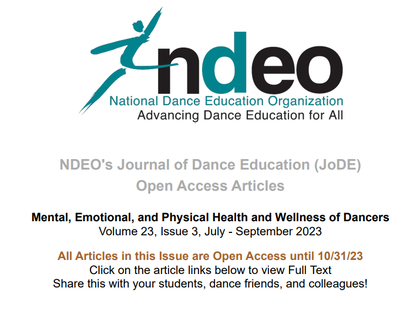 NDEO logo. Text: NDEO's Journal of Dance Education Open Access Articles