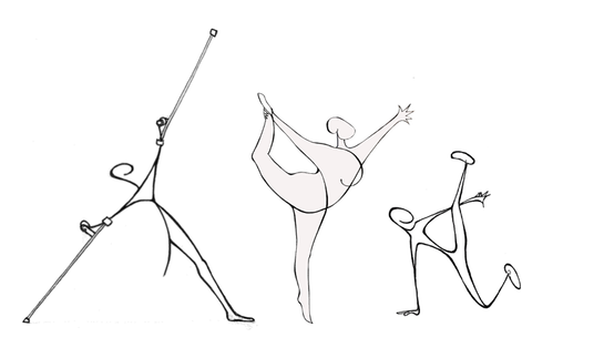 A grahic with 3 dancers, one using crutches, one balacing on a single leg, one balancing on a hand